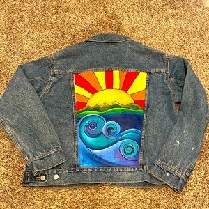 Old Navy Jean Jacket with Painted Landscape on Back Size LARGE
